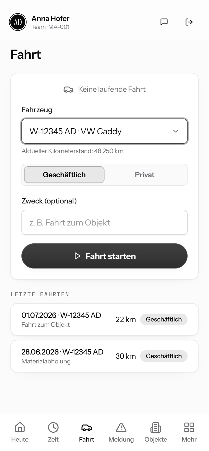 Mobile Team-App am Smartphone (Demo-Daten)
